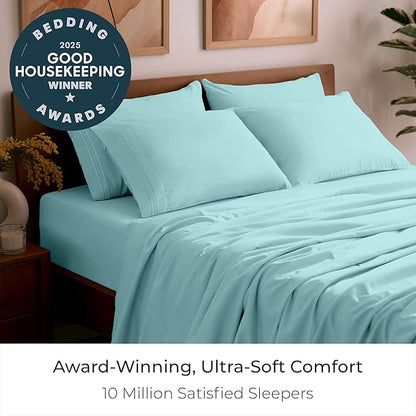 Mellanni Split King Sheet Set - 7-Piece Iconic Collection Bedding, (Including 4 Pillowcases), 16-Inch Deep Pocket, Easy Care, Extra Soft, Cooling Sheets, Brushed Microfiber - Aqua