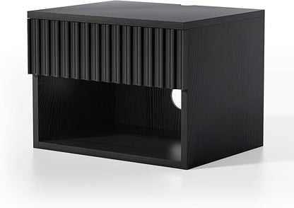 Fluted Floating Nightstand Set of 2 with Drawer, Modern Night Stand with Fluted Door and Open Storage Shelf Wall Mounted Bedside Table for Bedroom, Entryway Black
