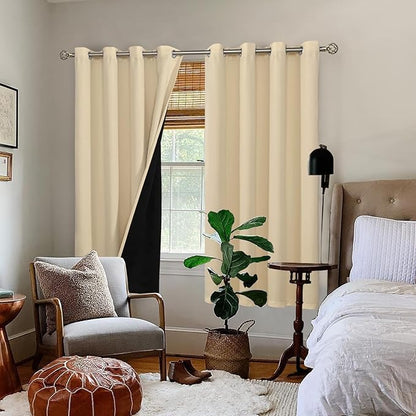 BGment Thermal Insulated 100% Blackout Curtains for Bedroom with Black Liner, Double Layer Full Room Darkening Noise Reducing Grommet Curtain (52 x 63 Inch, Natural, 2 Panels)
