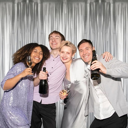 GOER 3.2 ft x 8.2 ft Metallic Tinsel Foil Fringe Curtains Party Photo Backdrop Party Streamers for Birthday,Graduation,New Year Eve Decorations Wedding Decor (1 Pack,Matte Silver,Thick Material)