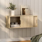 Large Wall Nightstand with Sliding Doors, Modern Fluted Night Stand Storage Shelf Wall Mounted Bedside Tables for Bedroom, Study Room Light Oak