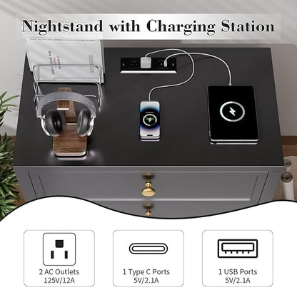COWMOU Nightstand with Drawers 3 Drawer Night Stand with Charging Station Farmhouse Style Large Bed Side Table for Bedroom Living Room (1, Black)