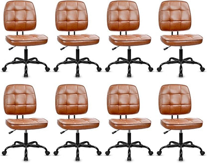 CLATINA Armless Home Office Chair with Lumbar Support and Wheels, Small PU Leather Ergonomic Low Back Desk Chairs No Arms, Adjustable Height 360° Swivel Rolling Computer Task Chair, Brown, 8 Pack
