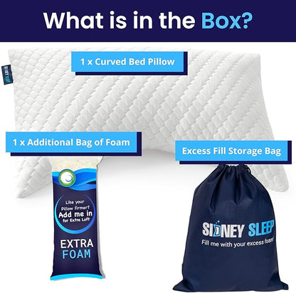 Sidney Sleep Adjustable Curved Contour Fill Pillow – Queen Size – for Side and Back Sleepers – Neck & Shoulder Comfort Support – Extra Fill Included (White)