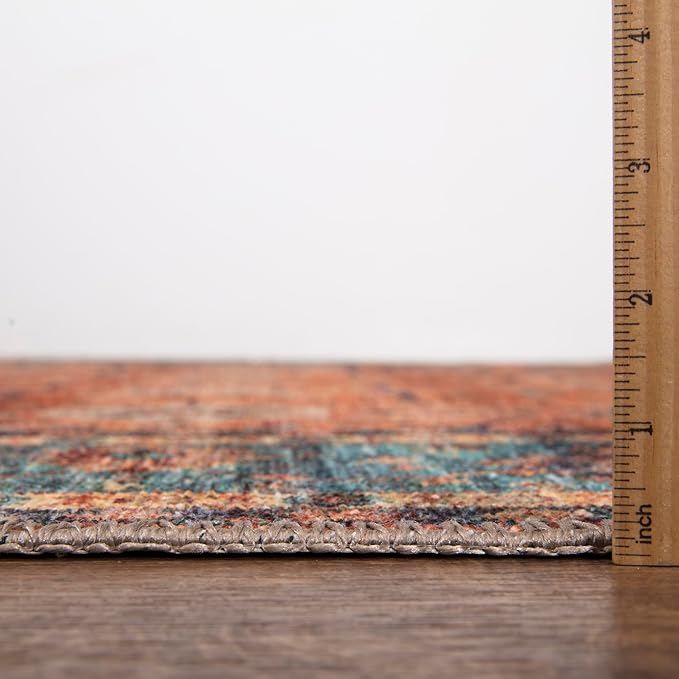 Bloom Rugs Washable Non-Slip 10x14 Rug - Orange/Teal Blue Traditional Bordered Area Rug for Living Room, Bedroom, Dining Room, and Kitchen - Exact Size: 10' x 14'