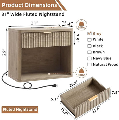 LEYAOYAO 31" Wide Fluted Nightstand with Charging Station, Oversized Extra Large 1 Drawer Night Stand with Golden Handle, Grey Wood Bedside Table Tall End Tables,for Bedroom, Living Room, Hallway