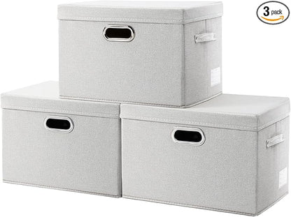 PRANDOM Collapsible Storage Bin with Lid [3-Pack] Fabric Foldable Storage Box Organizer Container Basket Cube with Cover for Home Bedroom Closet Office Beige(15.3x10x9.7)