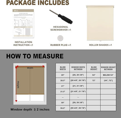 HESTIA No Drill Cordless Blackout Roller Shades Screwless Waterproof Shower Window Blinds, Auto-Retraction Easy Install Blind for Bathroom/Kitchen/Office/Exterior, Cream, 28" W x 72" H