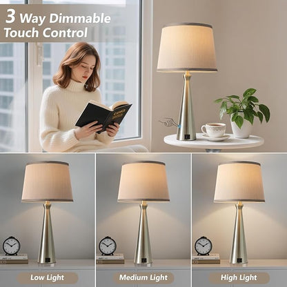 Seealle Modern Table Lamps Set of 2 - Touch Bedside Lamp for Nightstand with Dual USB C+A,3-Way Dimmable Silver Nightstand Lamps for Living Room Bedroom End Table with Grey Shade(Bulb Included)