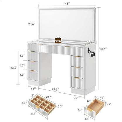 T4TREAM 48" Fluted Makeup Vanity Desk with Large Led Lighted Mirror, Modern Vanity Table with 8 Drawers & Charging Station, Glass Top Dressing Table for Bedroom, White