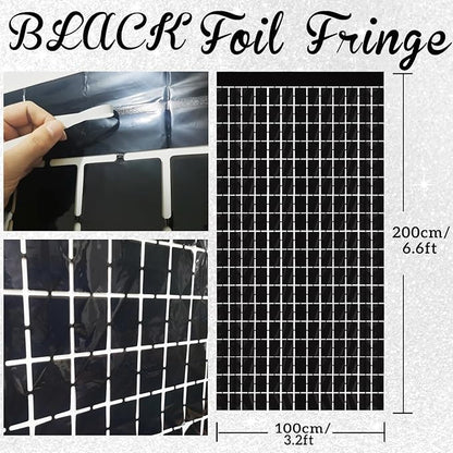 GOER Black Party Backdrop Metallic Tinsel Foil Fringe Curtains Photo Booth Props for New Year's Eve Graduation Halloween Birthday Casino Theme Holiday Celebration Decorations