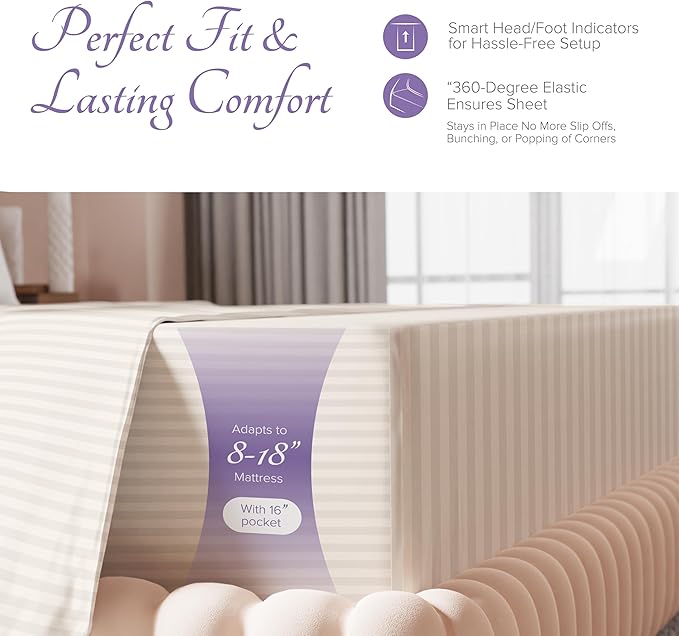 Carressa Linen Luxury Egyptian Cotton King Stripe Sheet Set, 600 Thread Count Extra Long Staple 4 PC Set, King Damask Sheets, Soft, Cooling Sateen Weave Striped Sheets Upto 18" Deep Pocket - Ivory