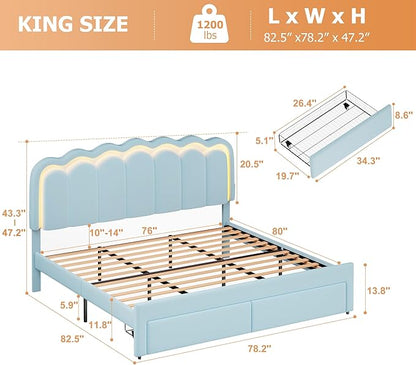 Velvet Upholstered King LED Bed Frame with 2 Storage Drawers and Adjustable Chic Double Wavy Headboard, Princess Platform Bed with Charing Station, Solid Wood Slats Support,No Box Spring Needed,Blue