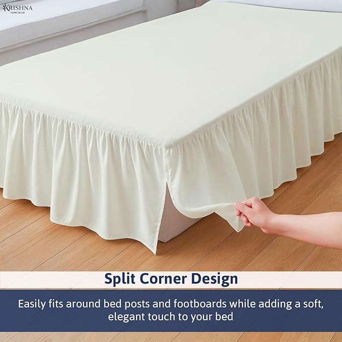 KRISHNA Ruffled Bed Skirt with Split Corners Twin, 100% Microfiber Hotel Quality, 10 Inch Drop Dust Ruffle Gathered Bedskirt with Platform, 39" x 75", Ivory