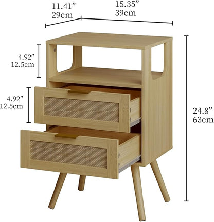 Rattan Nightstand,Farmhouse Bedside Table with 2 Storage Drawer and Open Wood Shelf, for Bedroom and Small Spaces,Night Stand with Solid Wood Legs (Yellow Oak)