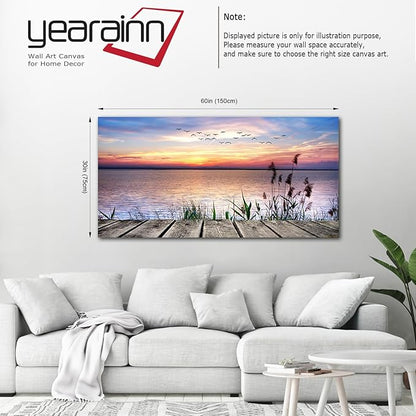 Yearainn Sunset Lake Wall Art - Nature Landscape Canvas Pictures, Wooden Dock Reed Grass Painting Print Flying Birds Artwork for Living Room, Bedroom, Home Office Wall Decoration 29" x 58"