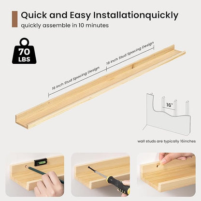 Picture Ledge Shelf, Solid Pine Wood Floating Shelves Set of 2, 48 Inches Nursery Book Shelves for Toys Storage, Kids Bookshelf Wall Mounted for Living Room Decor Photo Frames, Unfinished Natural