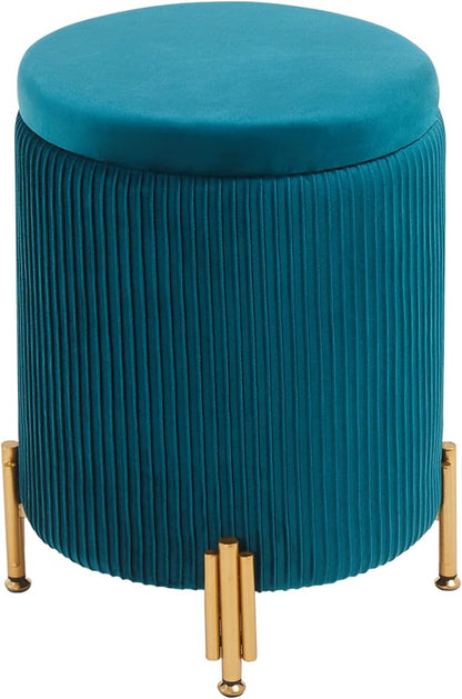 Mxfurhawa Round Ottoman Foot Stool with Storage and Metal Legs for Living Room Bedroom, Velvet Upholstered Footrest Stool Support 300lbs Modern Padded Seat Ottoman Coffee Table (Teal)