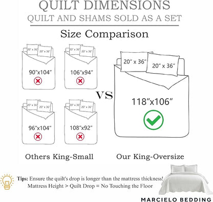 MarCielo 3-Piece 100% Cotton Oversized Bedspread Lightweight Quilt Coverlet Embroidery Farmhouse Bedding Set (TG Bright White, Oversized King (118"x106"))