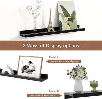 Fun Memories Picture Ledge Shelf for Wall, Floating Shelves Set of 4, 24 Inch Long Nursery Book Shelves for Toys Storage, Kids Bookshelf Wall Mounted for Books Photo Frames, Black