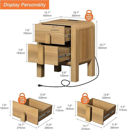 WAMPAT 23.7" Tall Modern Nightstands Set of 2, Wood Nightstand with Charging Station, Bedside Table w/2 Storage Drawers, Curved Profile Design, Sofa Side Table Accent Table for Bedroom, Light Walnut