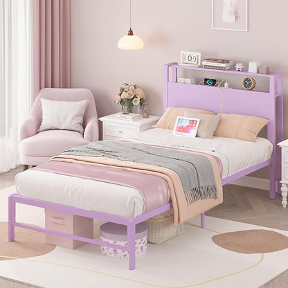Twin Bed Frames with Charging Station, 2 Tiers Storage Headboard Twin Sized Bed No Box Spring Needed Heavy Duty Metal Platform for Girls, Purple