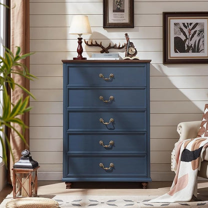 24" Wide Farmhouse Nightstand with Charging Station Set of 2, 45" Tall Rustic Chests of 5 Drawers w/ 4 Solid Wood Feet, Farmhouse Furniture Series for Living Room,Bedroom,DarkBlue