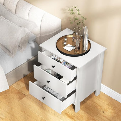 Giantex Nightstand with 3 Drawers Set of 2, Wooden Side End Table with Solid Wood Legs, Retro 3-Drawer Bedside Table Night Stand for Bedroom Home Office Small Space, Easy Assembly, White