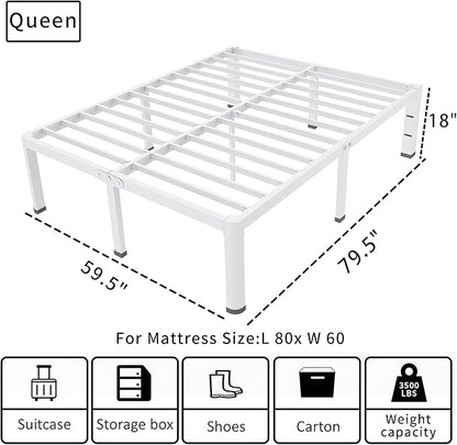 ROIL 18 Inch White Queen Bed Frame with Rounded Corner and Headboard Hole Mattress Retainers 3500LBS Heavy Duty Steel Slats No Box Spring Needed Platform Noise-Free Easy Assembly