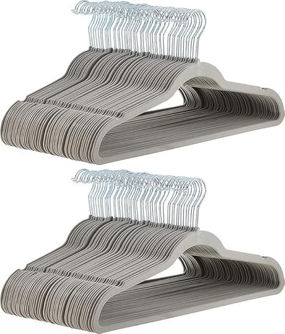 Amazon Basics Slim, Velvet, Non-Slip, Durable Suit Clothes Hangers for Closet, Coats, Pants, Shirts, Gray/Silver, Pack of 100