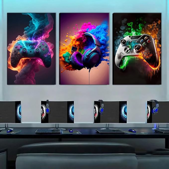 Gaming Room Decor Canvas Wall Art Set of 3 - Cool Video Gaming Theme Wall Decor, Gamer Paintings Picture Print for Teen Boys Room 16x24 inch Framed