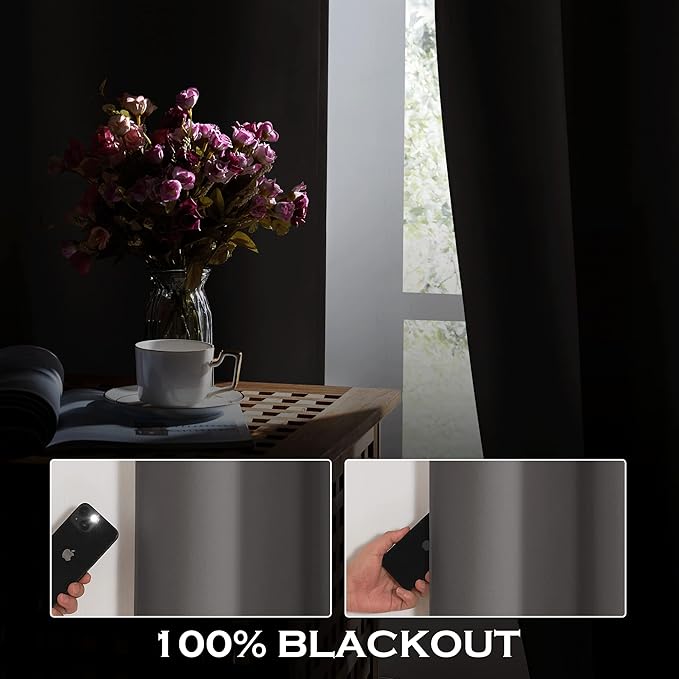 KGORGE 4-in-1 Soundproof Anti Dust 100% Blackout Curtains with Melt-Blown Layer Thermal Insulating Window Treatment Drapes for Living Room Bedroom Kis Nursery, W 52 x L 84, Grey, 2 Panels