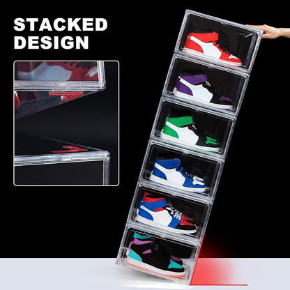 NYZE 12 Pack Acrylic Shoe Boxes Side Open, Clear Shoe Box Plastic Stackable, Shoe Storage Organizer with Magnetic Door, Shoe Display Shoe Containers with Lids Fits Up to Size 15