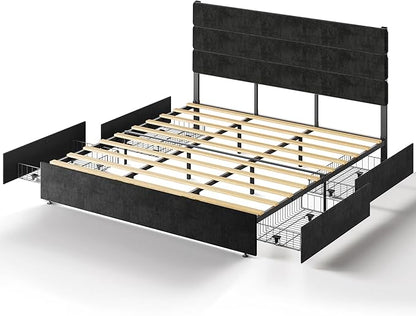 WLIVE King Size Upholstered Bed Frame with 4 Storage Drawers and Headboard, Velvet Platform Bedframe, Sturdy Metal & Wooden Slats Support, No Box Spring Needed, Easy Assembly, Black