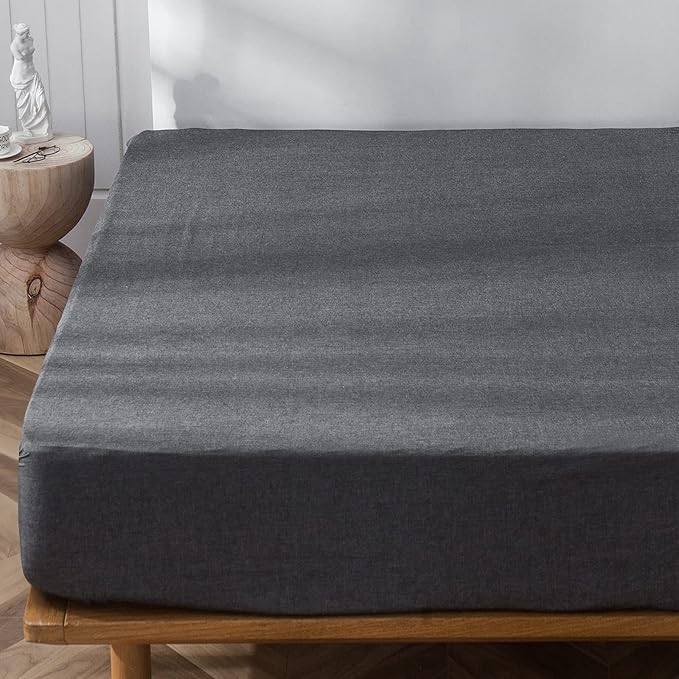 MooMee Fitted Bottom Sheet Only 100% Washed Cotton Linen Like Textured Breathable Durable Soft Comfy Deep Pocket Fits Mattress up to 17" (Dark Grey, Queen)