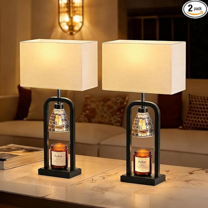 PoKat Table Lamps with Candle Warmer & Timer for Bedroom, Modern Bedside Lamps Set of 2 for Night Stands, 21.5'' Bedroom Lamps Decor for Living Room, Side Table, Hallway, Bulbs Included, Matte Black