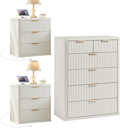LEYAOYAO 42" Tall Fluted Dresser and 3 Drawers 23" Nightstand Set of 2,Wooden Dresser & Night Stand with Charging Station,3 Piece Bedroom Furniture Set,Chest of Drawer for Living Room,Antique White