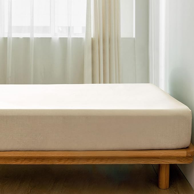 MooMee Fitted Bottom Sheet Only 100% Washed Cotton Linen Like Textured Breathable Durable Soft Comfy Deep Pocket Fits Mattress up to 17" (Almond Milk Grey, Queen)