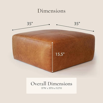POLY & BARK Sequoia Ottoman – 35” Square Pouf with Feather-Down Topper – Full-Grain Leather Upholstered Pouf Ottoman for Living Room – Vintage Italian Leather in Cognac Tan
