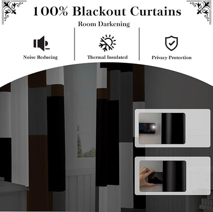 Brown 100% Blackout Curtains for Bedroom 63 inch Long 2 Panels Set Black White Gray Modern Abstract Geometric Black Out Curtains Insulated Room Darkening Window Drapes for Living Room, 52Wx63L