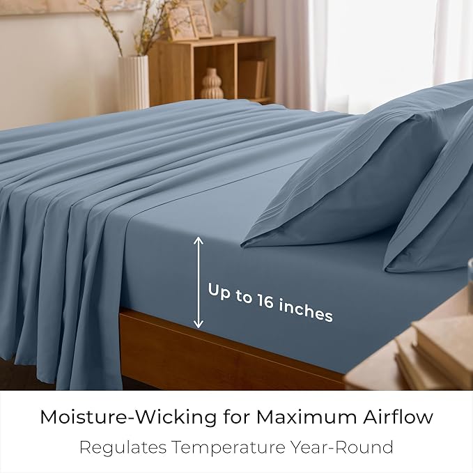 Mellanni California King Sheet Set - 6-Piece Iconic Collection Bedding, (Including 4 Pillowcases), 16-Inch Deep Pocket, Easy Care, Extra Soft, Cooling Sheets, Brushed Microfiber - Blue Hydrangea