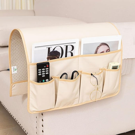 HAOMAIJIA Anti Slip Sofa Armrest Organizer Arm Chair Bedside Caddy Storage Organizer For Recliner Couch With 6 Pockets For Cell Phone Tv Remote Control (Beige, 31.89 inches × 18.5 inches)