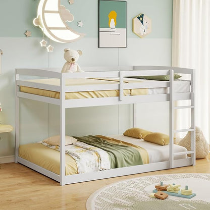 KOMFOTT Low Bunk Bed Full Over Full, Solid Wood Full Bed Frame with Built-in Ladder & Safety Guardrails, Teens, No Box Spring Needed, Space-Saving Low Bunk Bed for Kids