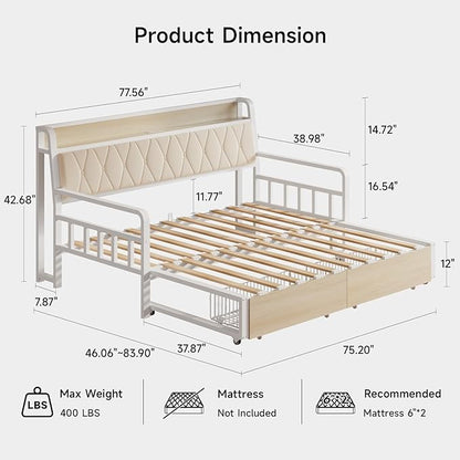 ONBRILL Twin Daybed with Trundle, Twin to King Daybed with Pop up Trundle, Metal Twin Day Bed Frame with Storage Drawers, Upholstered Headboard & Power Outlet for Living Room & Guest Room, White
