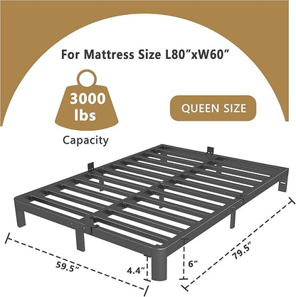 ITIMIDI 6 Inch Black Queen Bed Frame with Metal Gaskets, No Box Spring Needed, Heavy Duty Steel Slat Support, DIY Headboard, Anti-Slip Mattress Stopper, Round Corner Leg, Easy Assembly