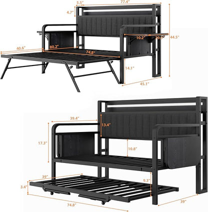 Daybed with Trundle, Twin Trundle Bed Frame - Metal Day Bed with LED Lights, Upholstered Storage Headboard & Charging Station, Pop Up Sleeper, Modern Design for Living Room and Guest Room-Black