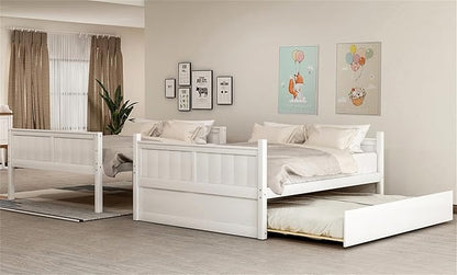 Upgraded Version Best Full Over Full Bunk Bed with Trundle, Thicken Solid Wood Full Size Bunk Bed, Bunkbed Frame Full Over Full, Convertible to 2 Beds, Easy Assembly for Adults (White)