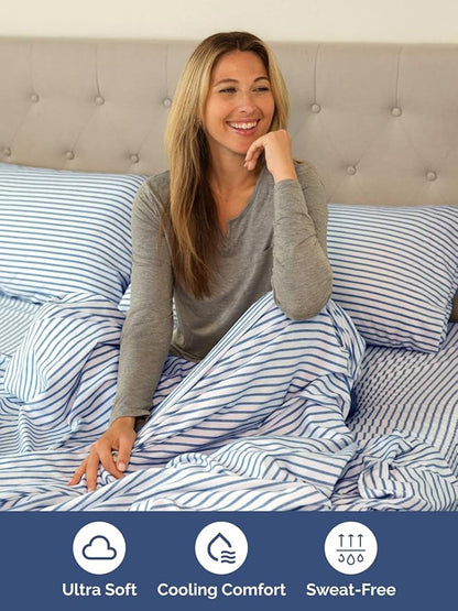 Extra Deep Cal King Sheet Set - 6 Piece Breathable & Cooling Sheets - Hotel Luxury Bed Sheets Set - Easy Fit - Soft, Wrinkle Free & Comfy Sheets Set - Blue Striped Sheet Set with Extra Deep Pockets
