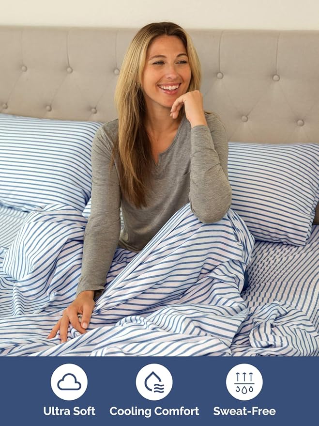 Extra Deep Full Sheet Set - 6 Piece Breathable and Cooling Sheets - Hotel Luxury Bed Sheets Set - Easy Fit - Soft, Wrinkle Free and Comfy Sheets Set - Blue Striped Sheet Set with Extra Deep Pockets