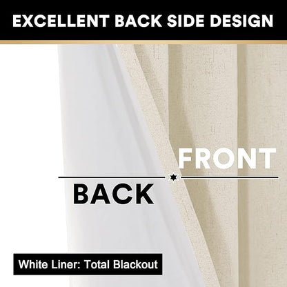 PrinceDeco 100% Blackout Curtains Linen Blackout Curtains 108 Inches Long Room Divider Curtains for Bedroom/Living Room Patio Curtains for Sliding Door Extra Wide Drapes,W100 X L108,Bleached Sand
